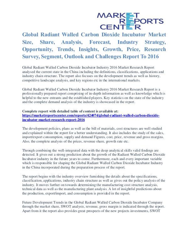 Radiant Walled Carbon Dioxide Incubator Market Size Analysis To 2016 Radiant Walled Carbon Dioxide Incubator Market