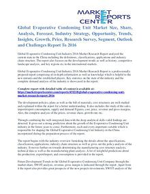 Evaporative Condensing Unit Market Analysis and Forecast To 2016