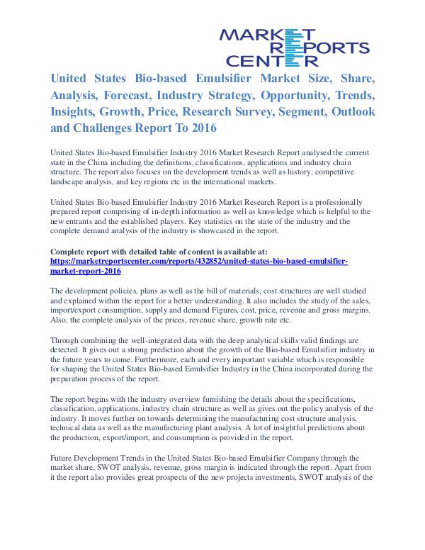 Bio-based Emulsifier Market Cost and Revenue Report To 2016 United States Bio-based Emulsifier Market
