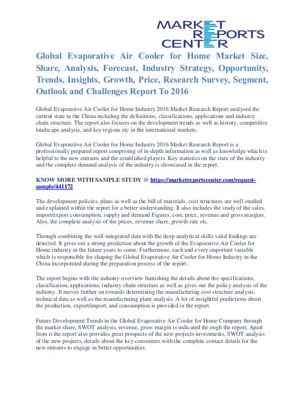 Evaporative Air Cooler for Home Market Segments Report To 2016 Evaporative Air Cooler for Home Market