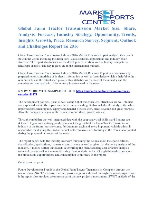 Farm Tractor Transmission Market Key Vendors, Trends & Forecasts 2016 Farm Tractor Transmission Marke