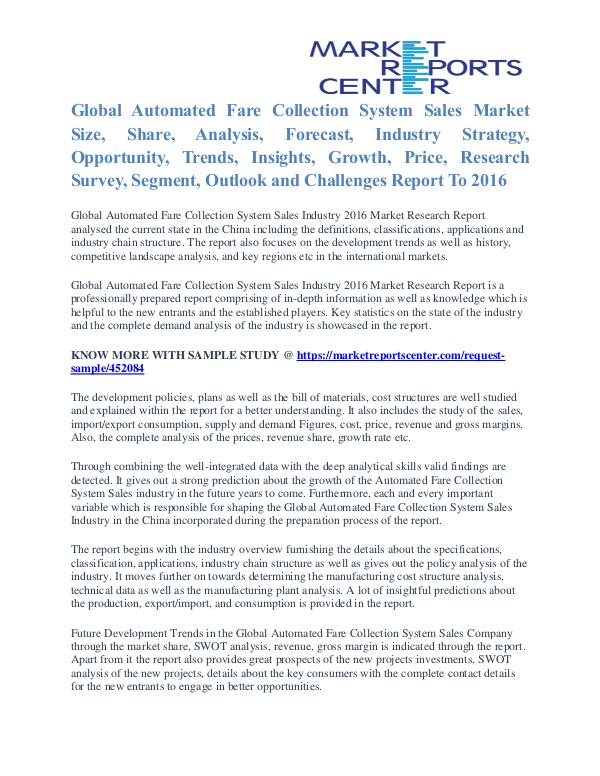 Automated Fare Collection System Market Segmentation Trends To 2016 Automated Fare Collection System Sales Market