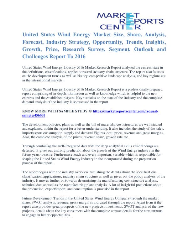 United States Wind Energy Market Cost and Revenue Trends Report 2016 United States Wind Energy Market
