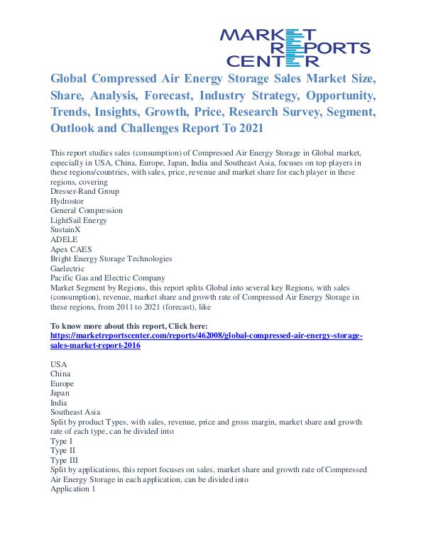 Compressed Air Energy Storage Sales Market Price and Growth To 2021 Compressed Air Energy Storage Sales Market