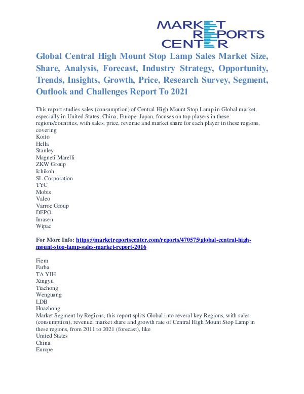Central High Mount Stop Lamp Sales Market Analysis and Forecast 2021 Central High Mount Stop Lamp Sales Market