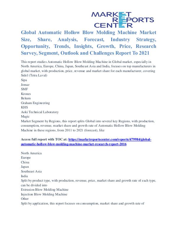 Automatic Hollow Blow Molding Machine Market Trends, Analysis To 2021 Automatic Hollow Blow Molding Machine Market