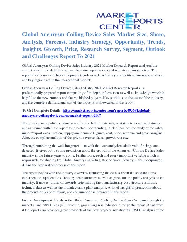 Aneurysm Coiling Device Sales Market Expert Review To 2021 Aneurysm Coiling Device Sales Market