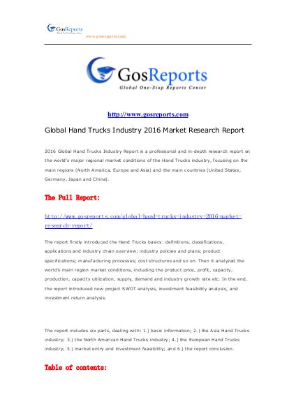 Global Hand Trucks Industry 2016 Market Research Report Global Hand Trucks Industry 2016 Market Research R