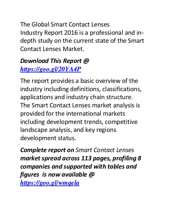 Smart Contact Lenses Industry: Global Market Manufacturers Forecast Smart Contact Lenses Industry 2017