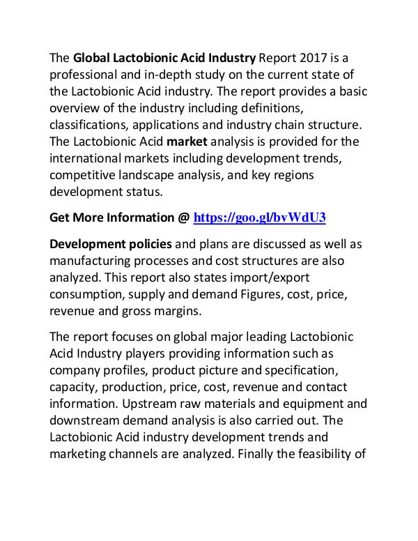 Lactobionic Acid Industry 2017: Market Manufacturers Trend & Forecast Lactobionic Acid Industry Market Trends, Size and