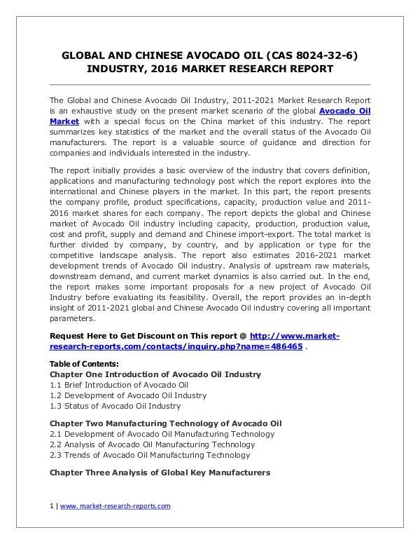 Global Avocado Oil Market Forecast Study 2011-2021 Oct 16