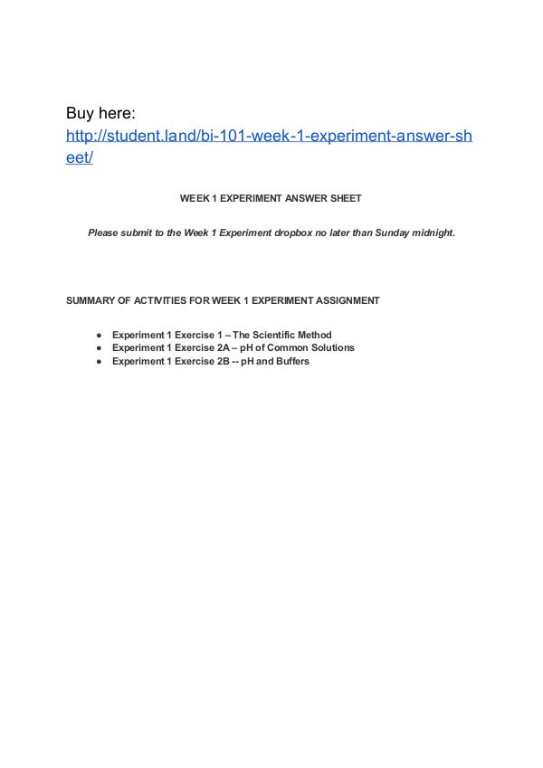 BI 101 Week 1 Experiment Answer Sheet Park University