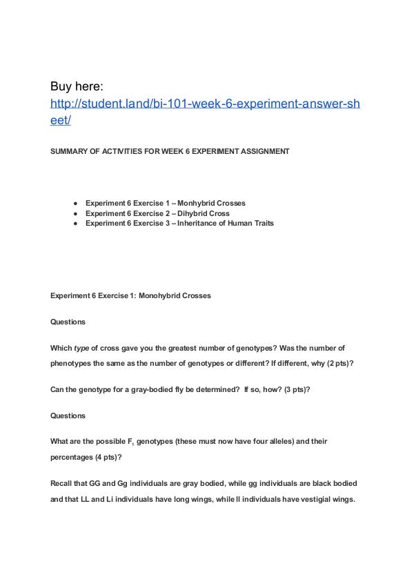 BI 101 Week 6 Experiment Answer Sheet Park University