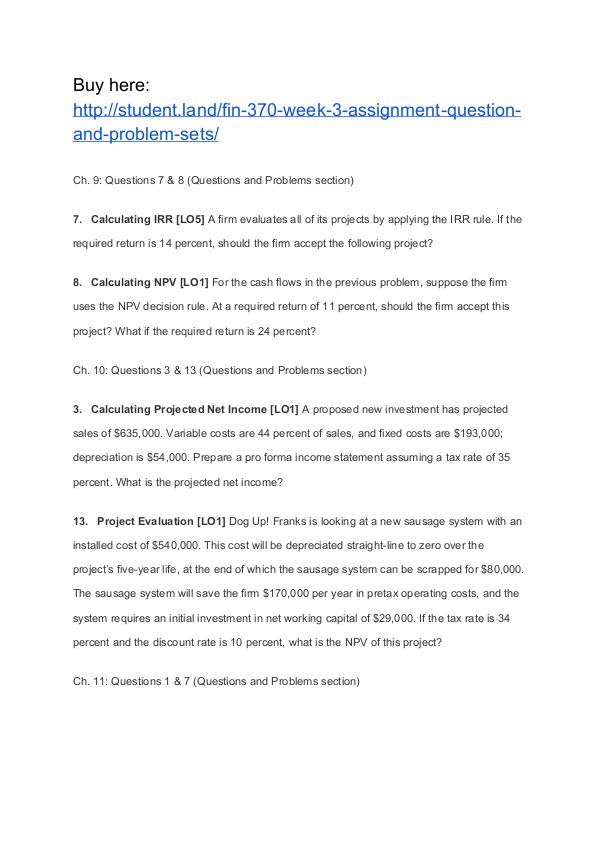 FIN 370 Week 3 Assignment Question and Problem Sets Homework