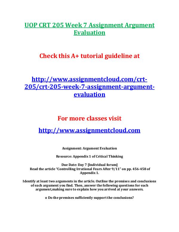 UOP CRT 205 Week 7 Assignment Argument Evaluation