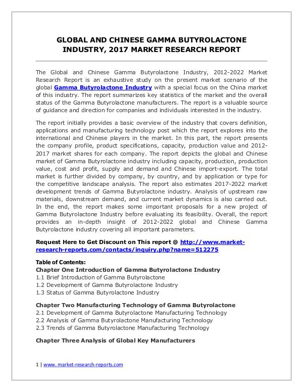 Global Gamma Butyrolactone Industry Forecast Study 2012-2022 Global Gamma Butyrolactone Industry Analyzed in Ne
