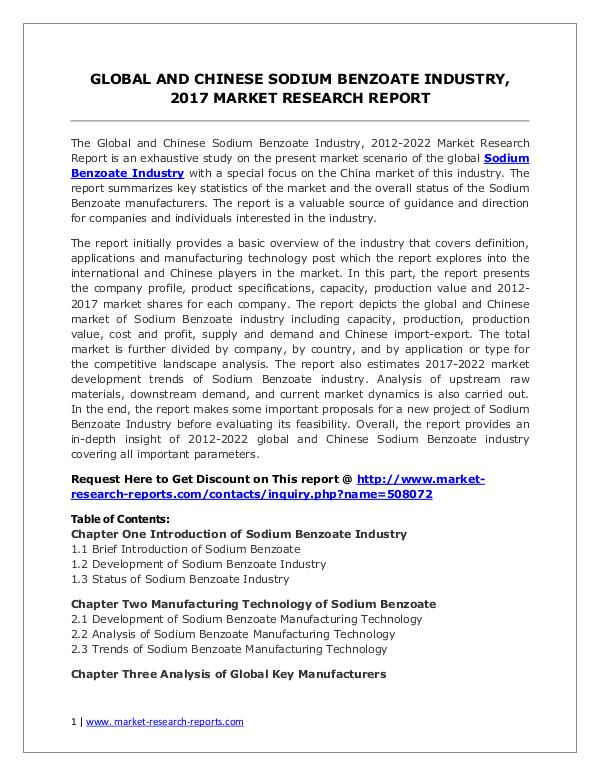Global Sodium Benzoate Industry Analyzed in New Market Report Sodium Benzoate Market 2012-2022 Analysis, Trends