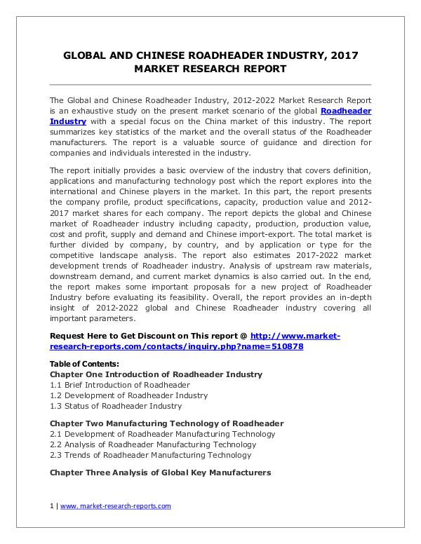 Roadheader Market Trends and 2022 Forecasts for Manufacturers Roadheader Market 2012-2022 Analysis, Trends and F