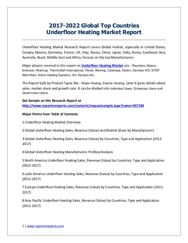 Underfloor Heating Market 2017 Analysis, Trends and Forecasts 2022 2017-2022 Global Top Countries Underfloor Heating