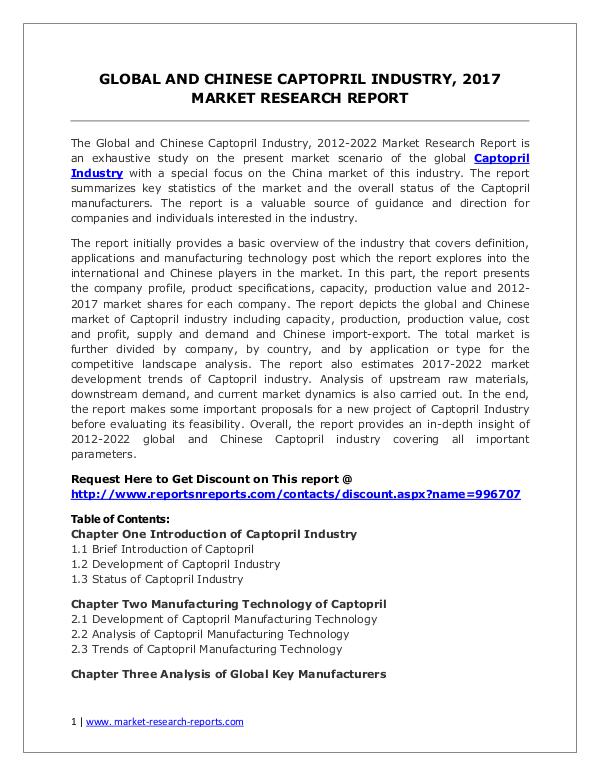 Global Captopril Industry Analyzed in New Market Report Global and Chinese Captopril Industry, 2017 Market