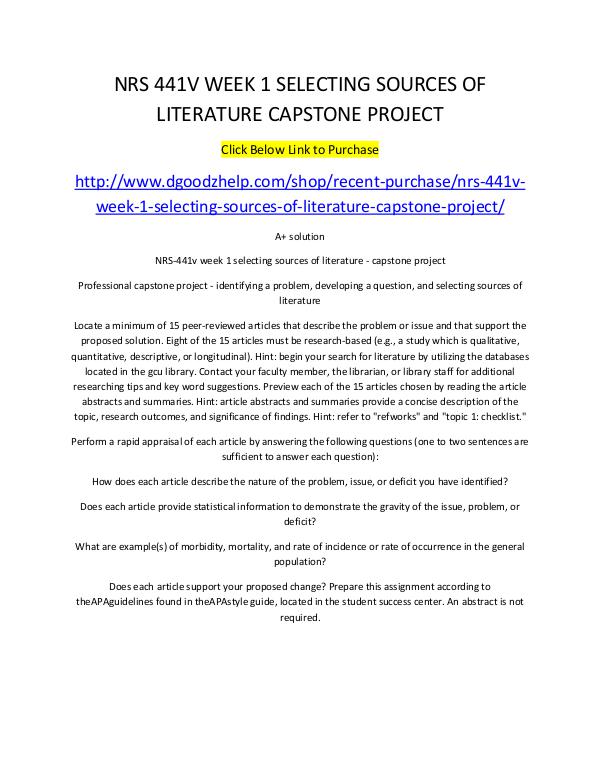 NRS 441V WEEK 1 SELECTING SOURCES OF LITERATURE CAPSTONE PROJECT NRS 441V WEEK 1 SELECTING SOURCES OF LITERATURE