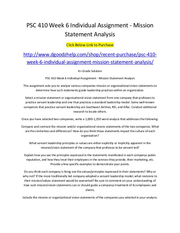 PSC 410 Week 6 Individual Assignment - Mission Statement Analysis PSC 410 Week 6 Individual Assignment - Mission Sta
