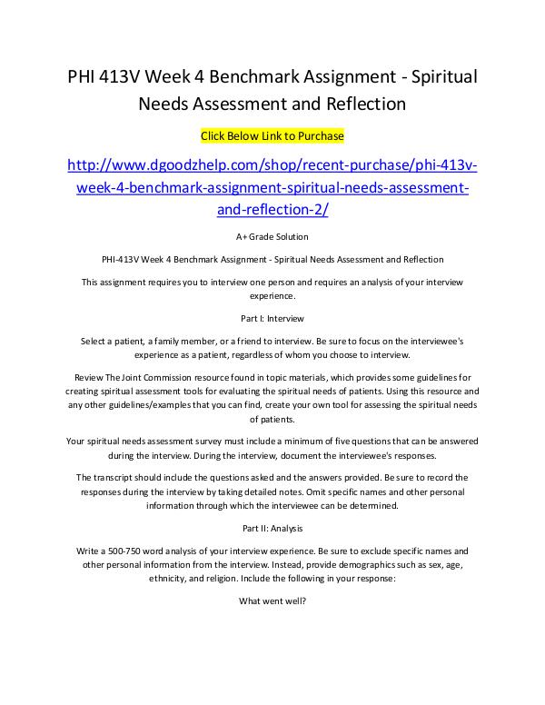 PHI 413V Week 4 Benchmark Assignment - Spiritual Needs Assessment and PHI 413V Week 4 Benchmark Assignment - Spiritual N