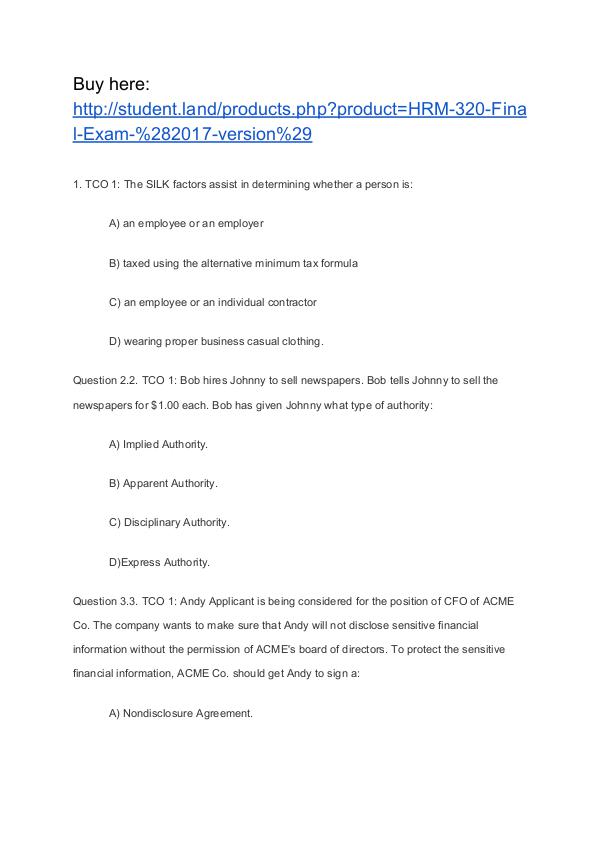 HRM 320 Final Exam (2017 version) Help
