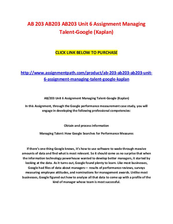 AB 203 AB203 AB203 Unit 6 Assignment Managing Talent-Google (Kaplan) AB 203 AB203 AB203 Unit 6 Assignment Managing Tale