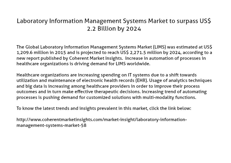 Laboratory Information Management Systems Market LIMS Market to surpass US$ 2.2 Billion by 2024