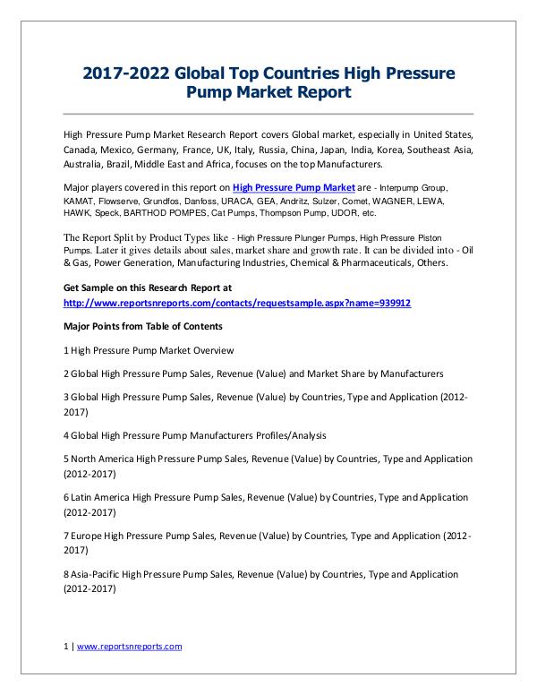 High Pressure Pump Market 2017 Analysis, Trends and Forecasts 2022 High Pressure Pump Market Trends and 2022 Forecast