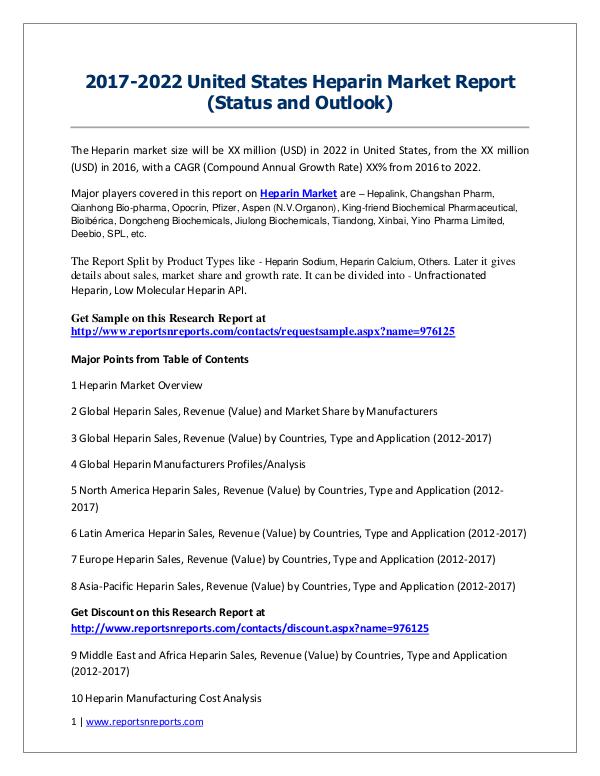 Heparin Market 2017 Analysis, Trends and Forecasts 2022 2017-2022 United States Heparin Market Report (Sta