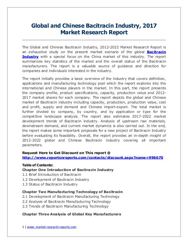 Bacitracin Market 2012-2022 Analysis, Trends and Forecasts Global and Chinese Bacitracin Industry, 2017 Marke