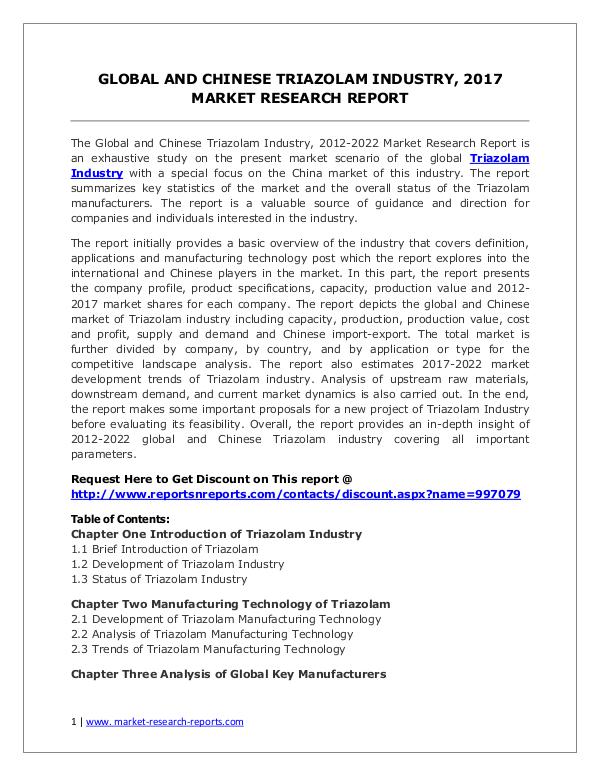Global Triazolam Industry Analyzed in New Market Report Global and Chinese Triazolam Industry, 2017 Market