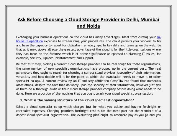 Ask Before Choosing a Cloud Storage Provider in Delhi, Mumbai and Noi Ask Before Choosing a Cloud Storage Provider in De