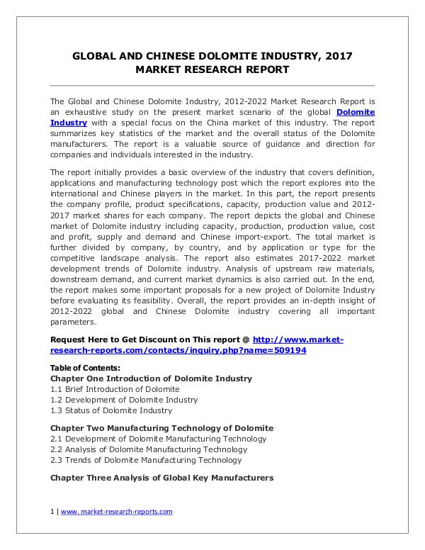 Global Dolomite Industry Analyzed in New Market Report Dolomite Market 2012-2022 Analysis, Trends and For
