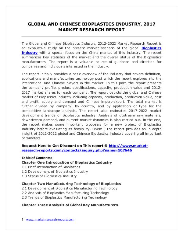 2017 Bioplastics Industry Report – Global and Chinese Market Scenario Bioplastics Market 2012-2022 Analysis, Trends and