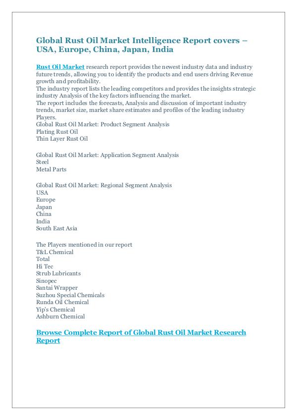 Market Research Reports Global Rust Oil Market Intelligence Report 2017