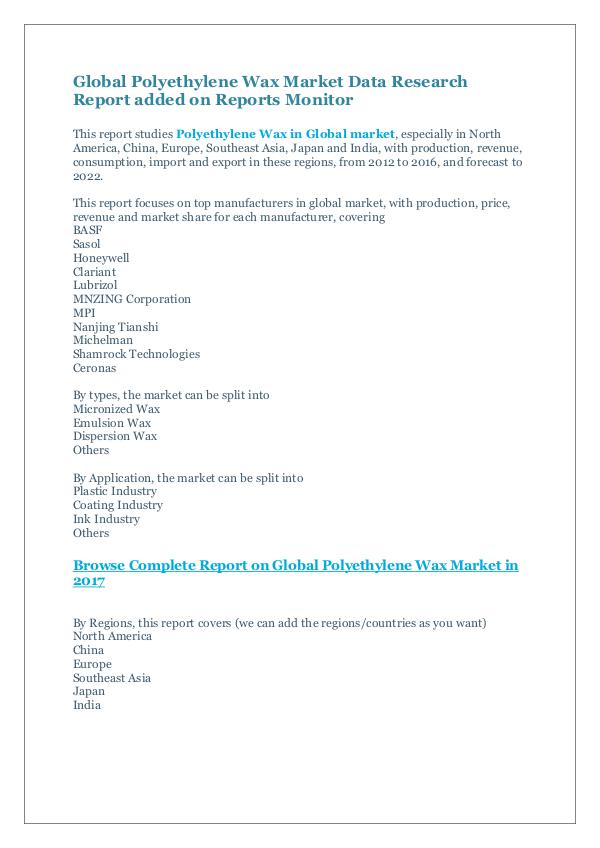 Market Research Reports Global Polyethylene Wax Market Research Report