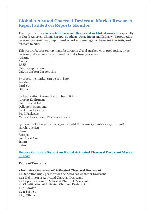 Market Research Reports Global Activated Charcoal Desiccant Market Report