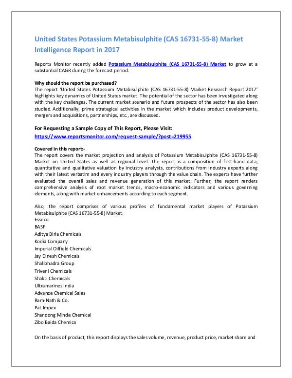 Market Research Reports Potassium Metabisulphite (CAS 16731-55-8) Market