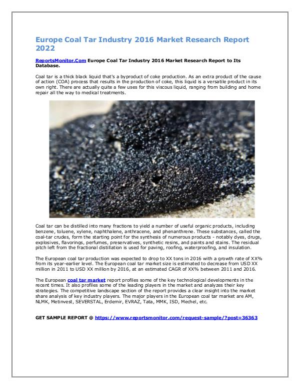 Market Research Reports Europe Coal Tar Industry 2016 Market Report