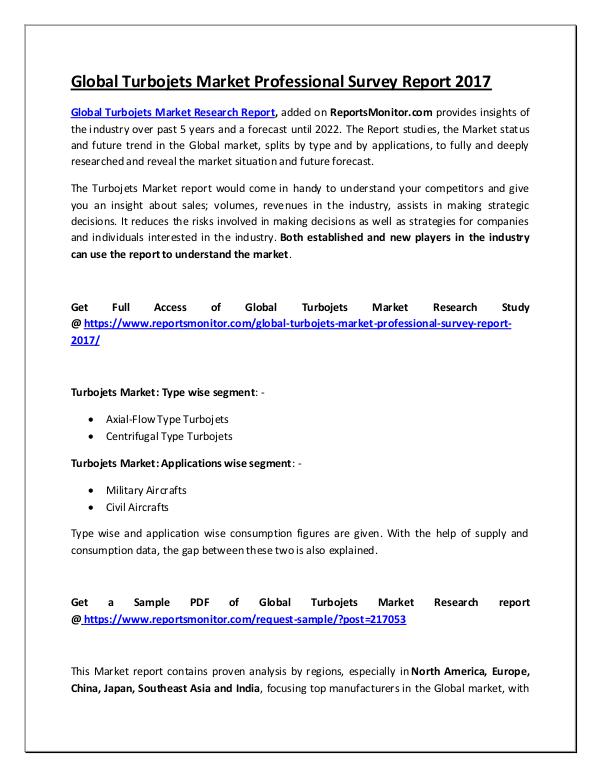 Reports Monitor Global Turbojets Market Professional Survey Report