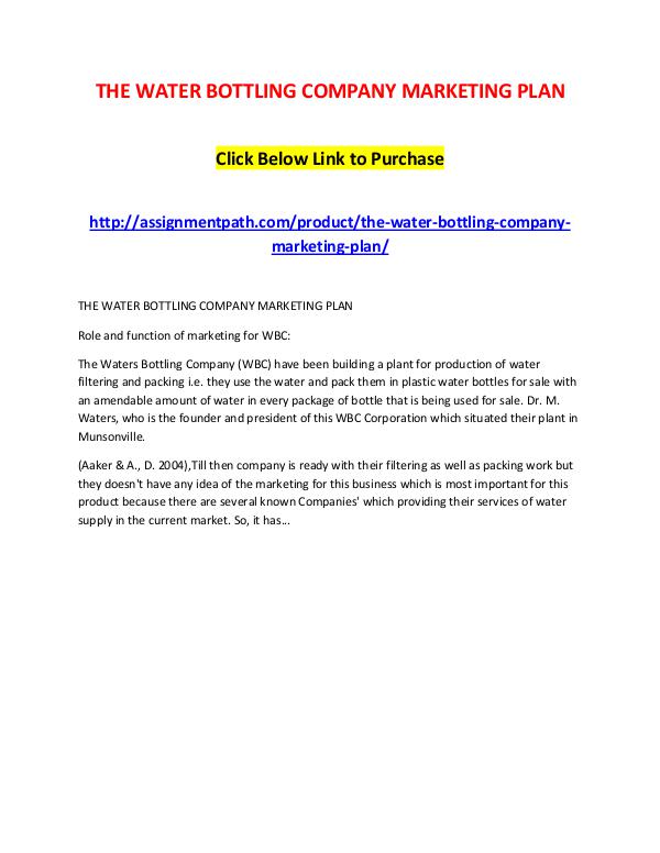 THE WATER BOTTLING COMPANY MARKETING PLAN THE WATER BOTTLING COMPANY MARKETING PLAN
