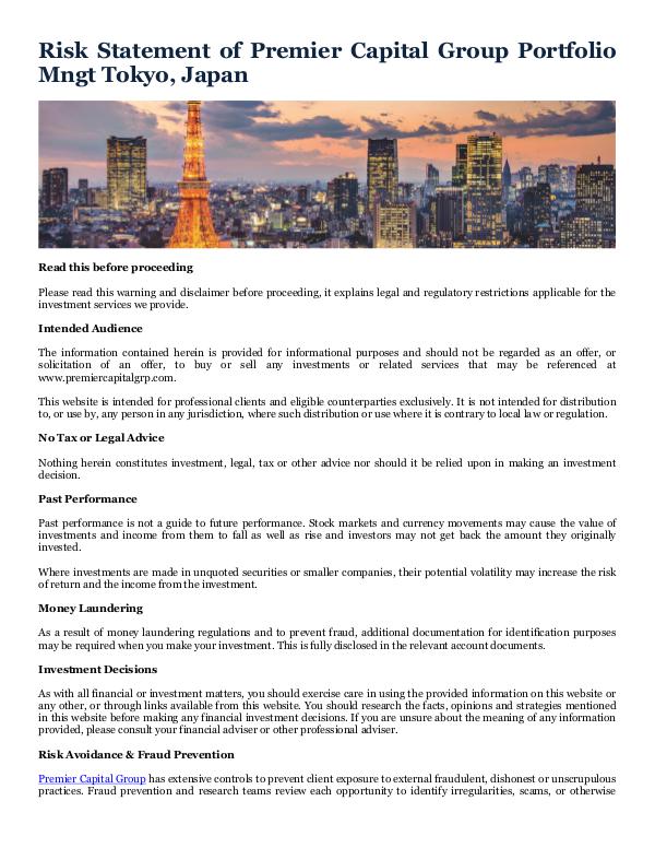 Premier Capital Group Portfolio Mngt Tokyo, Japan Risk Statement