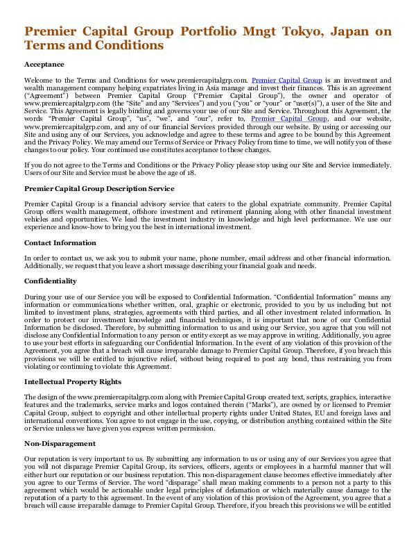 Premier Capital Group Portfolio Mngt Tokyo, Japan Terms and Conditions