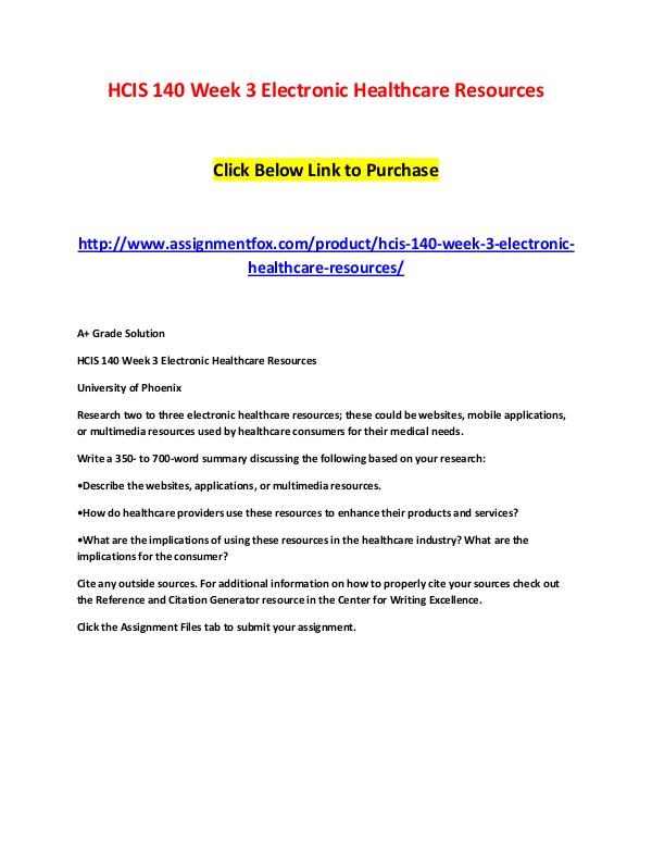 HCIS 140 Week 3 Electronic Healthcare Resources