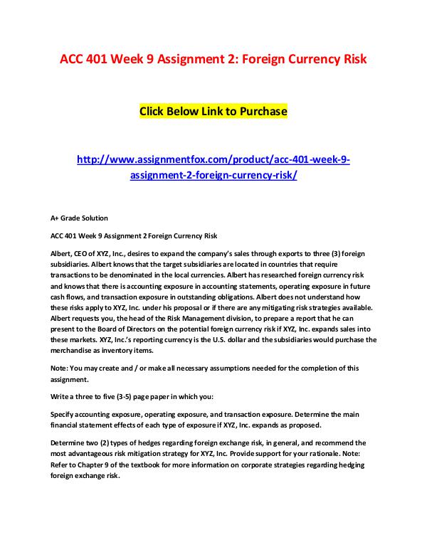 ACC 401 Week 9 Assignment 2: Foreign Currency Risk