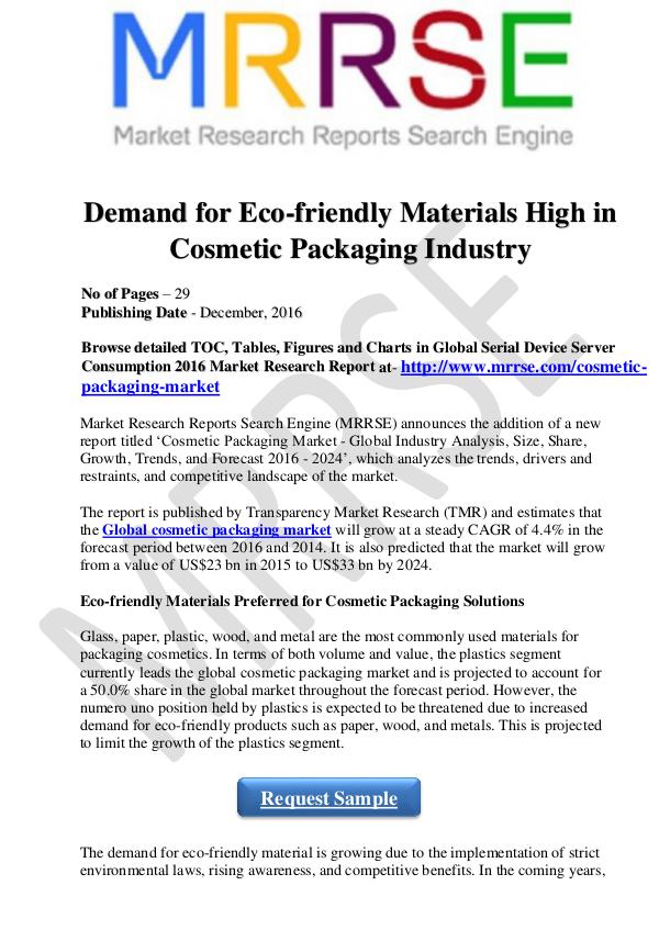 Demand for Eco-friendly Materials High in Cosmetic Packaging Industry Demand for Eco-friendly Materials -MRRSE