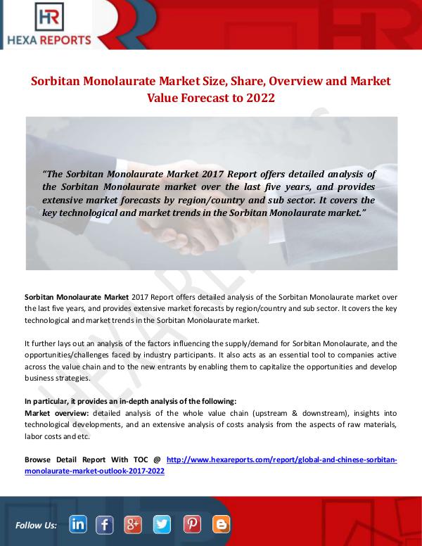 Hexa Reports Industry Sorbitan Monolaurate Market Size, Share by 2022